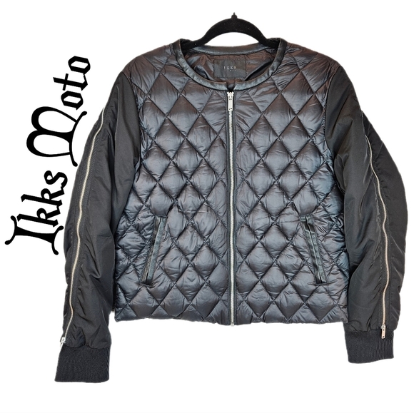 Ikks Women Moto Bomber Cropped Puffer Jacket Sz L Black Quilted Shell Rib Cuff - Picture 1 of 13